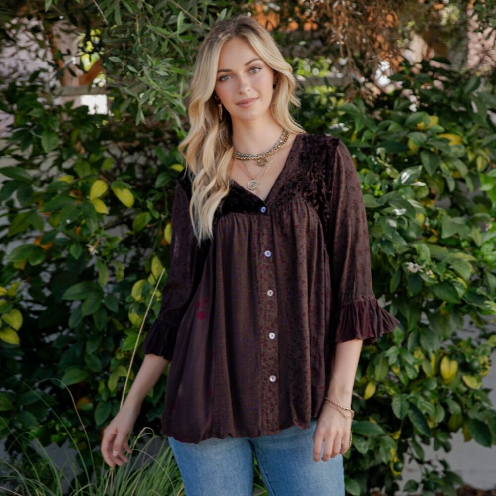 Young Threads Brown Patchwork Velvet Tunic Top Flowy Size 3X - Artisan Boho